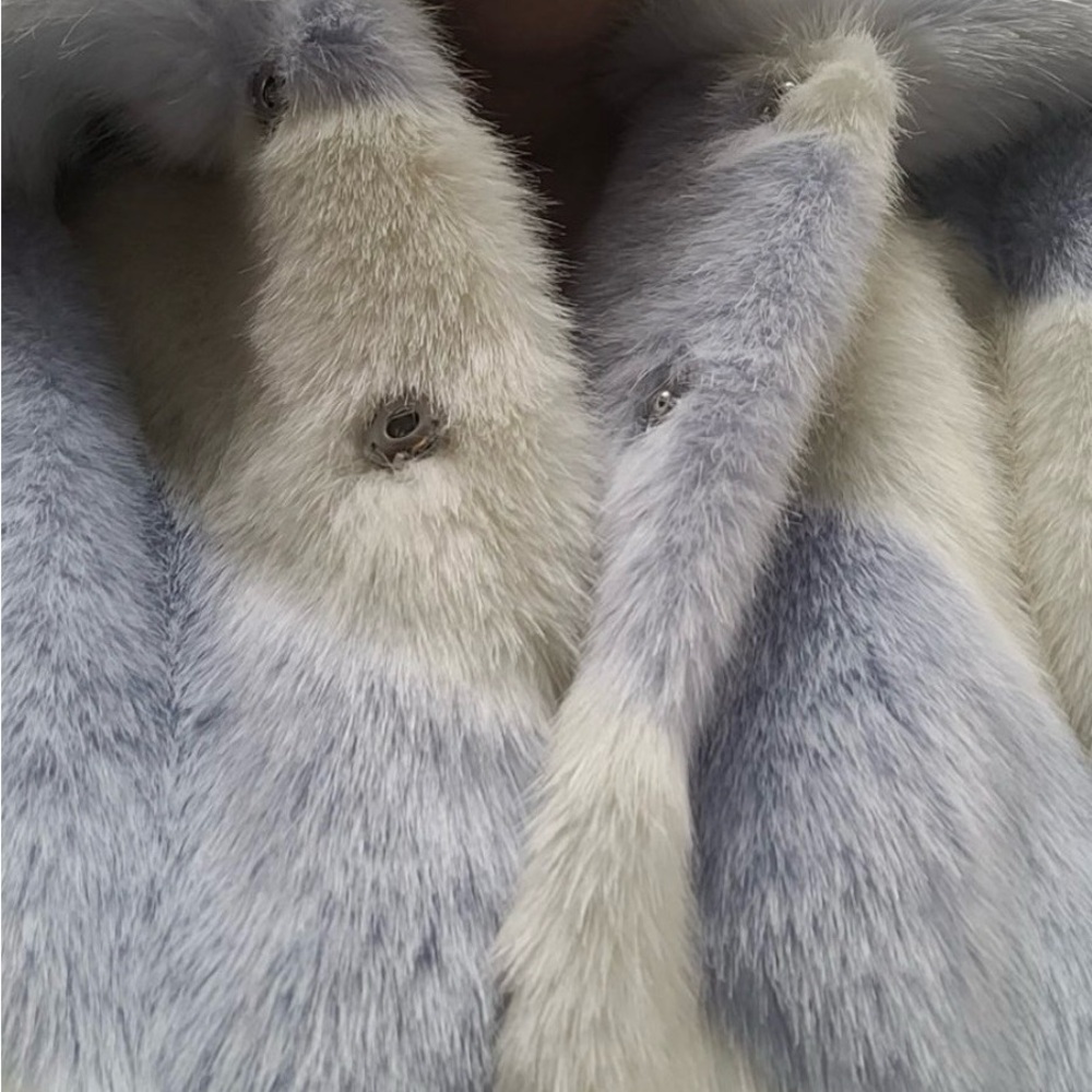 Mauve Anthropologie Powder Blue Ivory Faux Fur Long Coat | XL - Picture 7 of 12